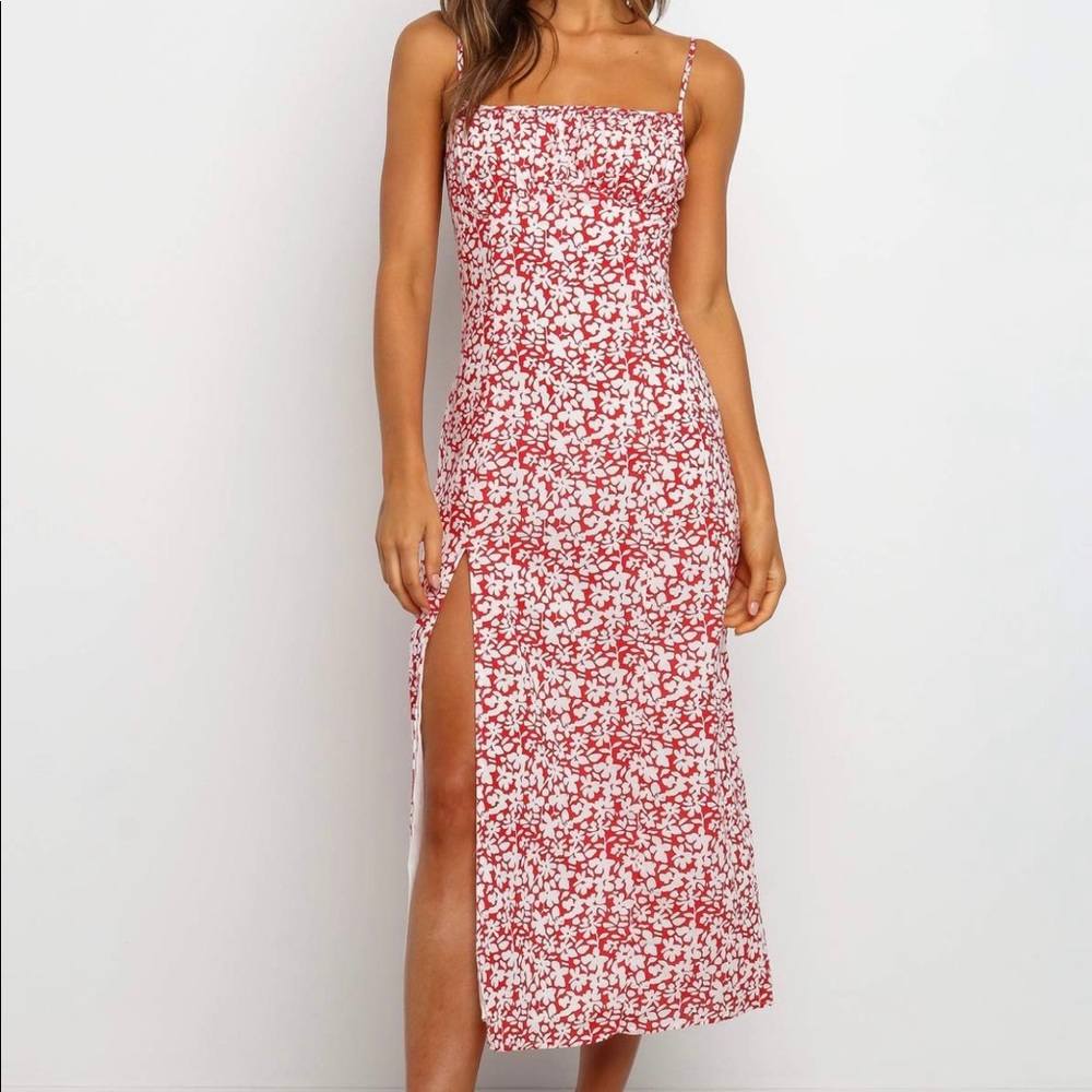 Red and White Floral Midi Dress